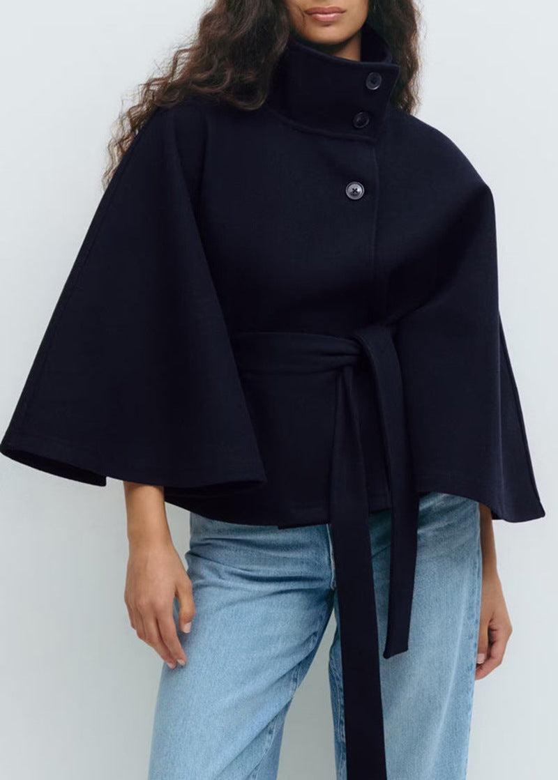 Women's belted layering coat in blue, front view