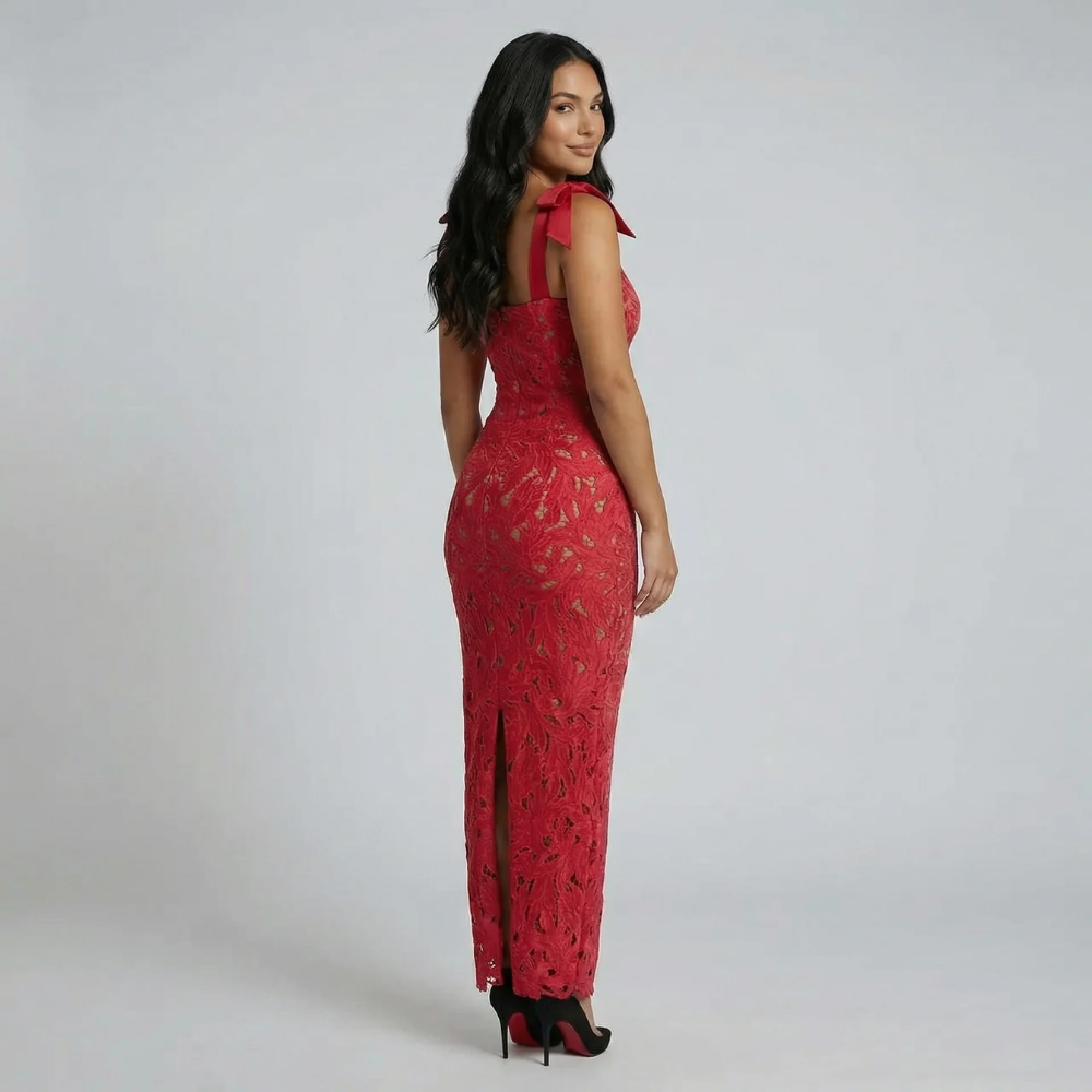 Women's bow floral lace sweetheart maxi dress in red, side view