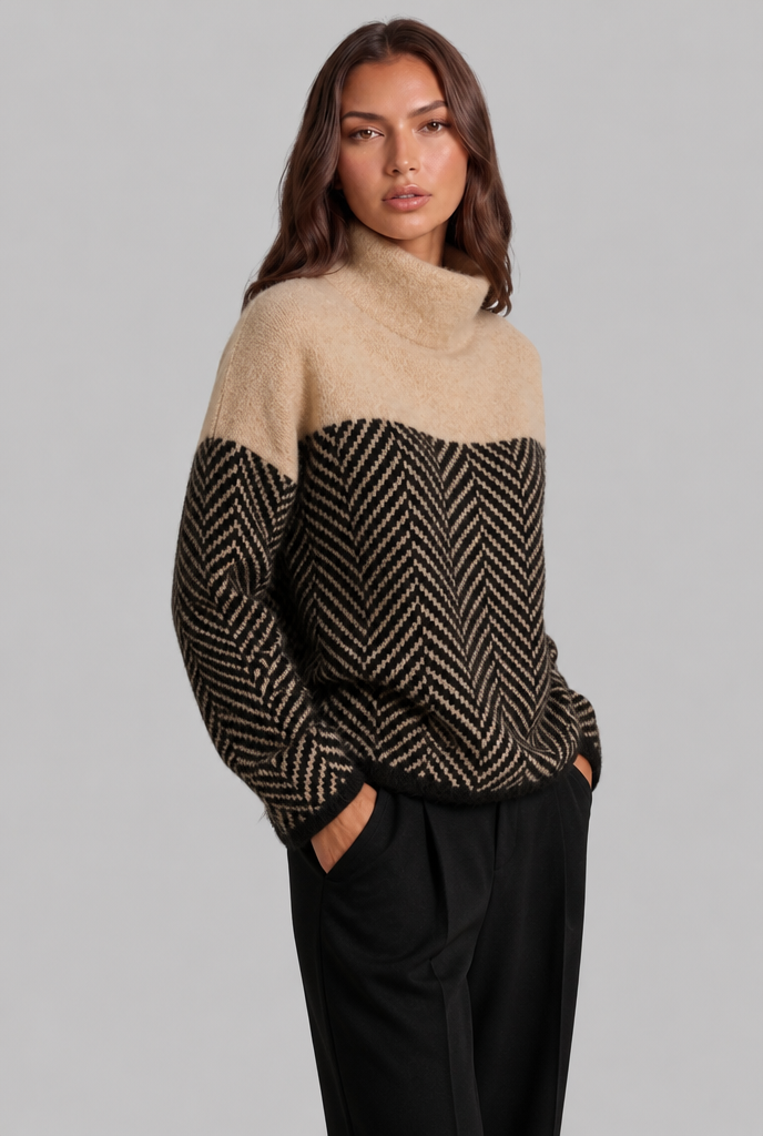 Women's colorblock chevron high neck jumper, styled view