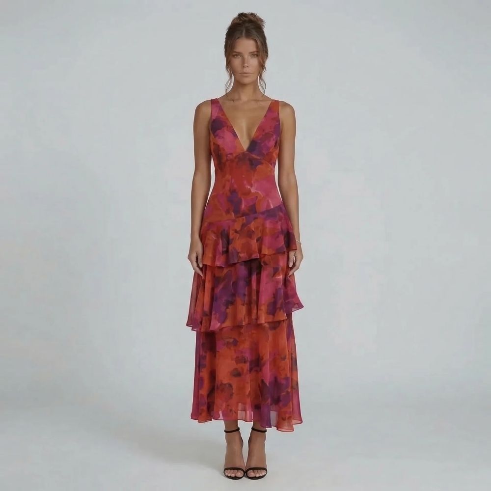 Women's floral v neck tiered ruffle maxi dress in burgundy, front view