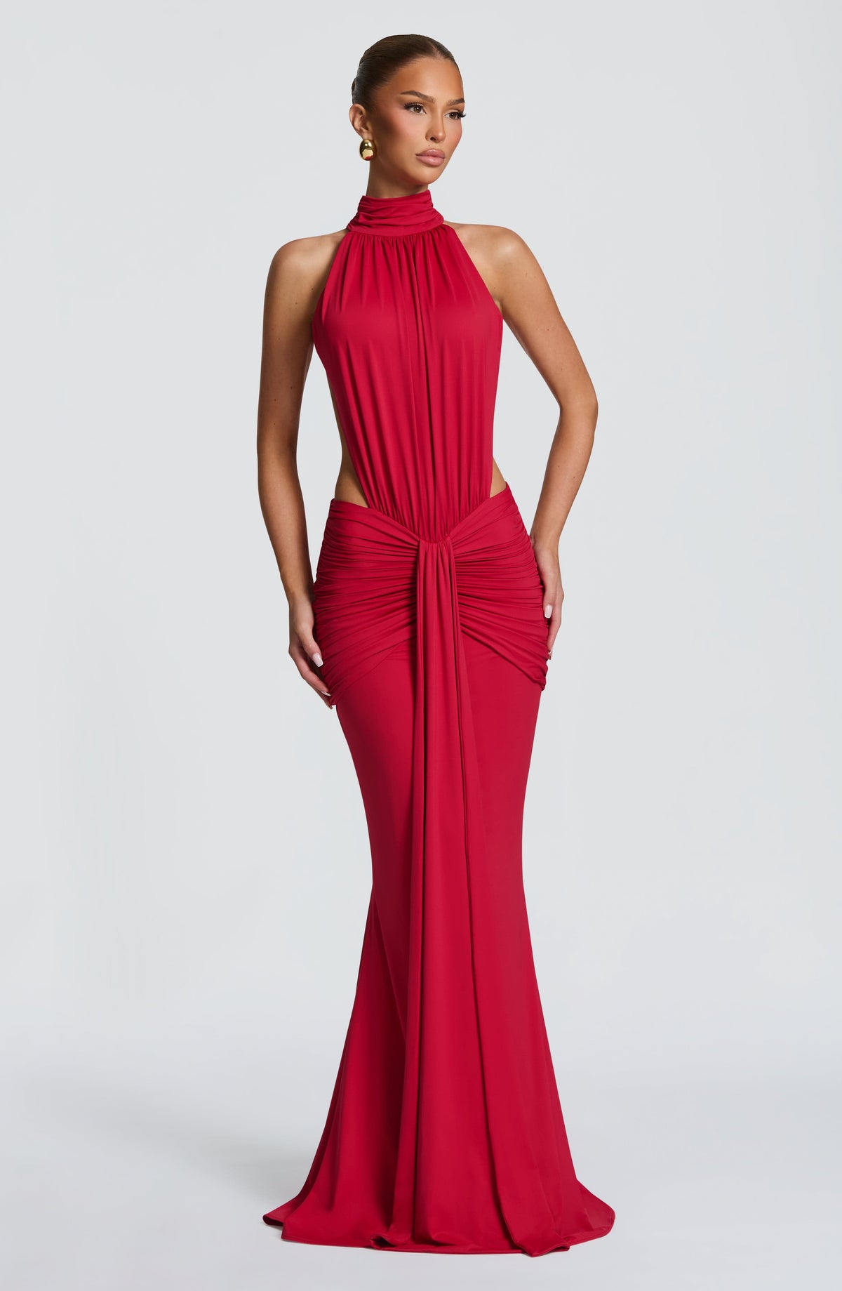 Women's halter maxi dress in red, side view