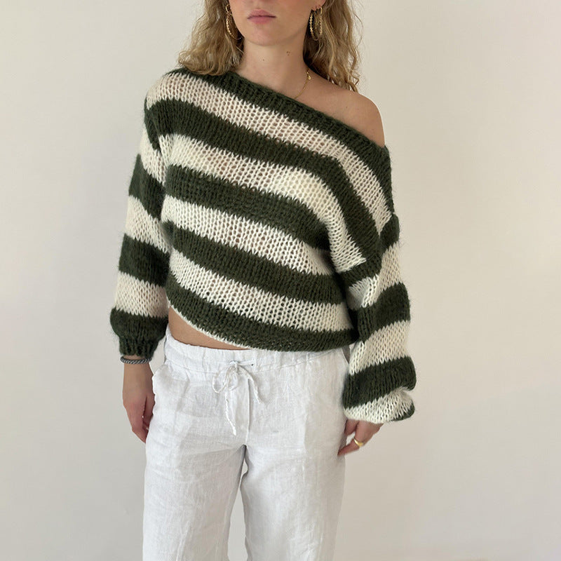 Women's off shoulder striped jumper in green, detail view
