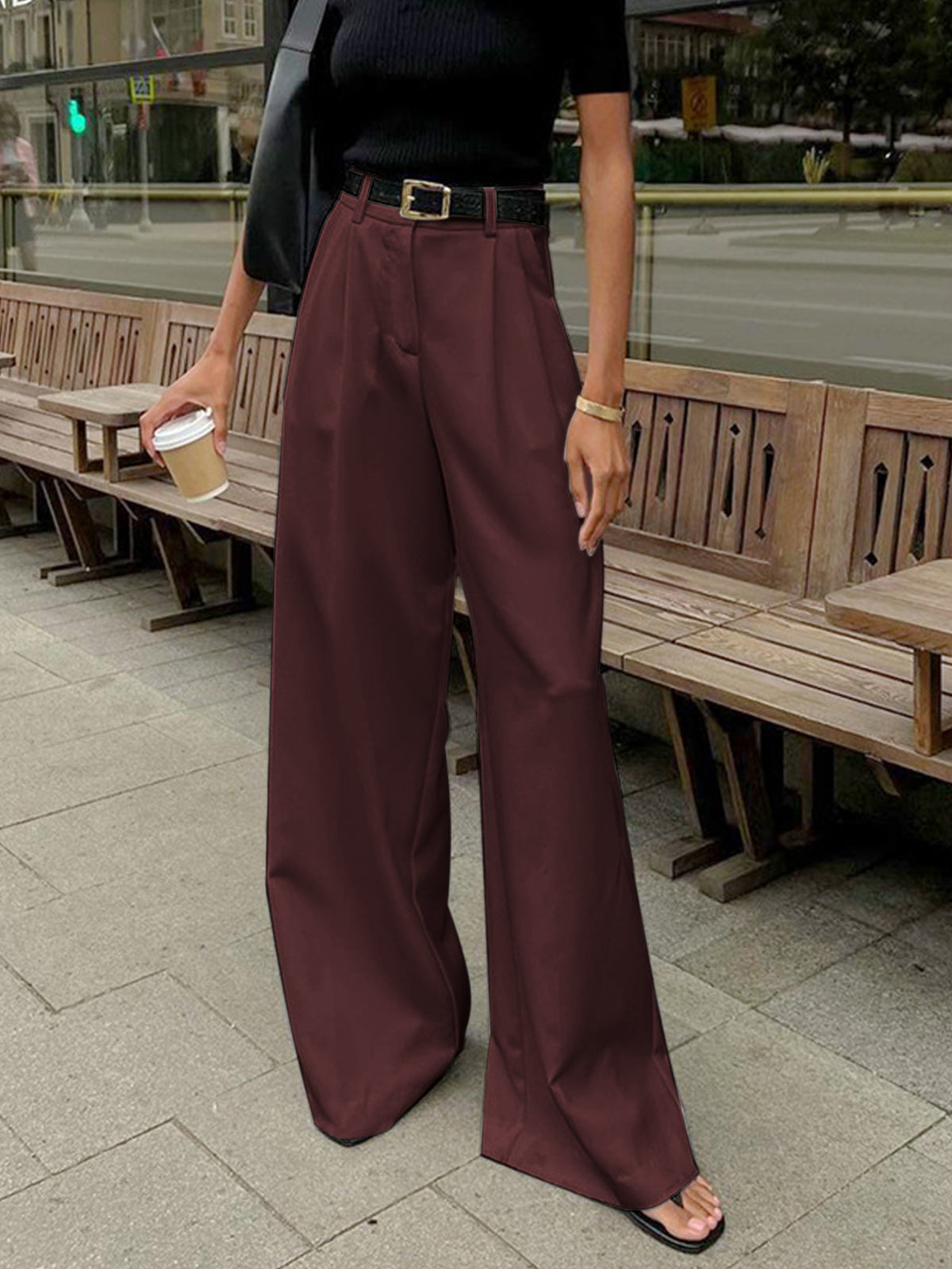 Women's pleated high waist wide leg trousers in burgundy, front view