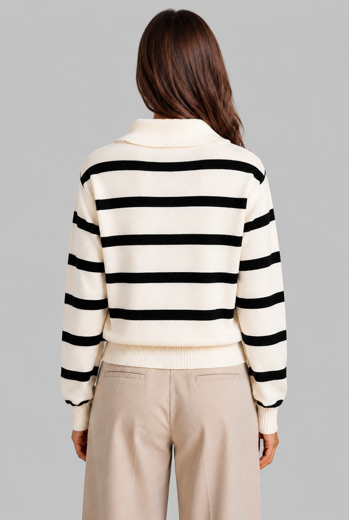 Women's striped half-zip ribbed knit jumper, styled view