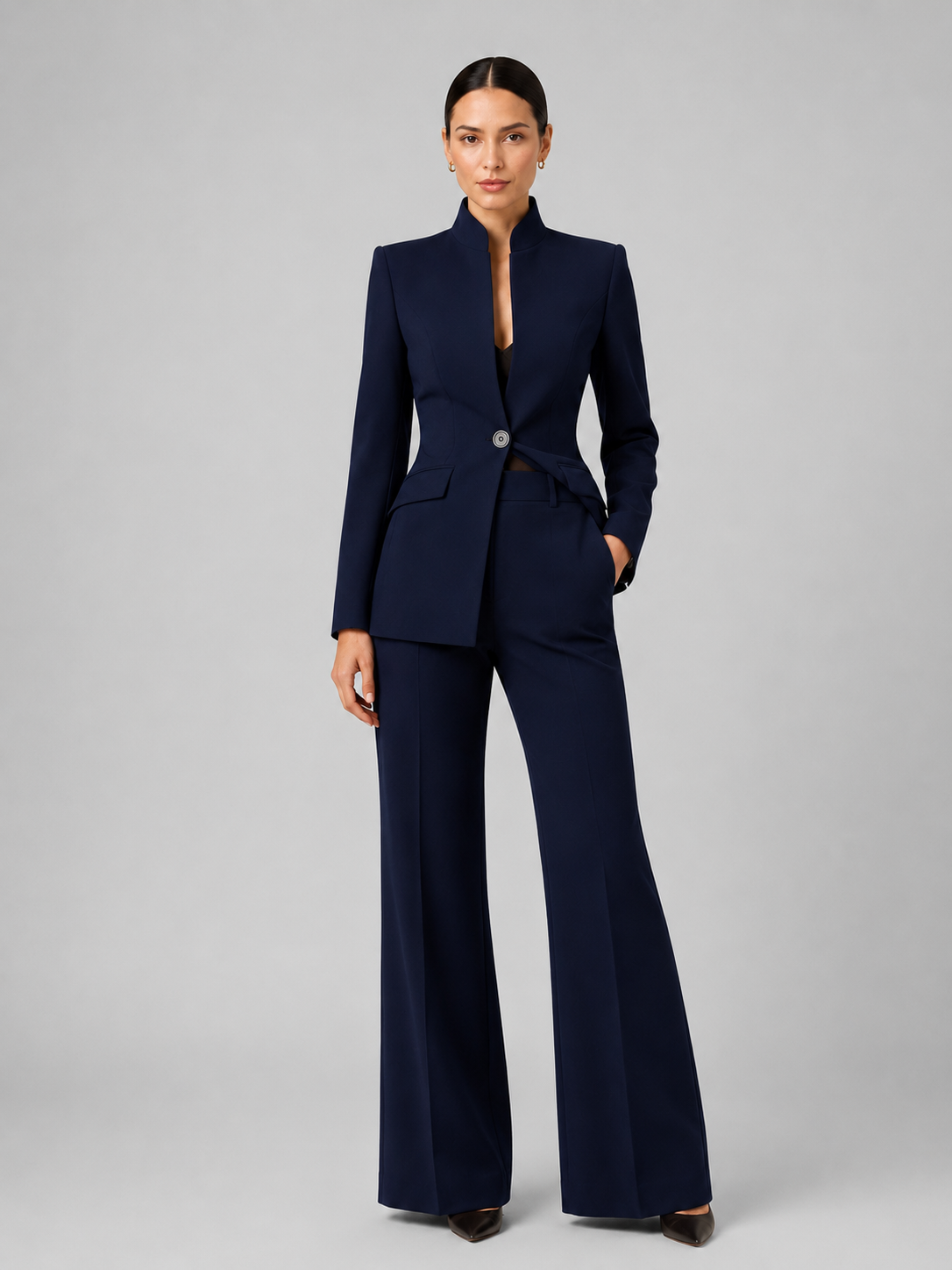 Women's tailored collarless wide leg suit set in navy, front view