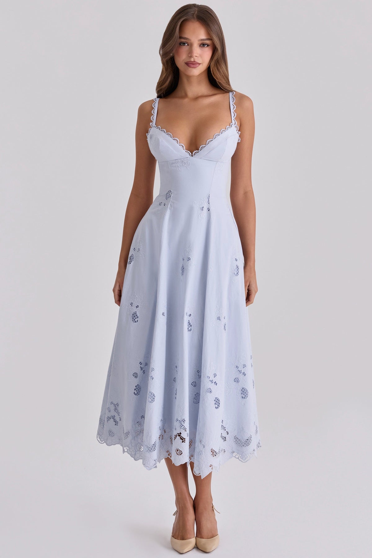 Women's v neck maxi dress in blue, side view