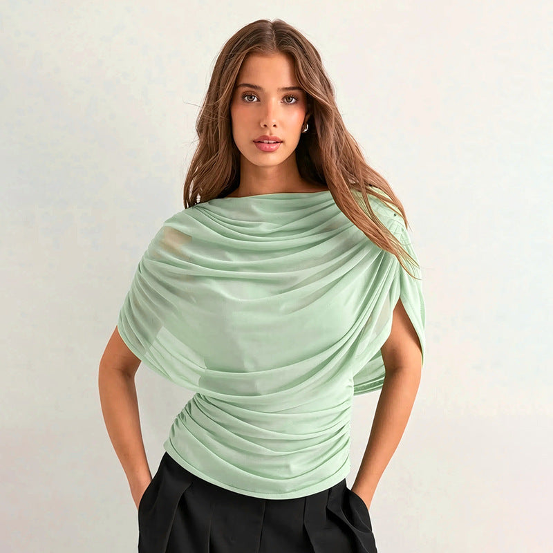 Women's draped cowl neck top in green, front view