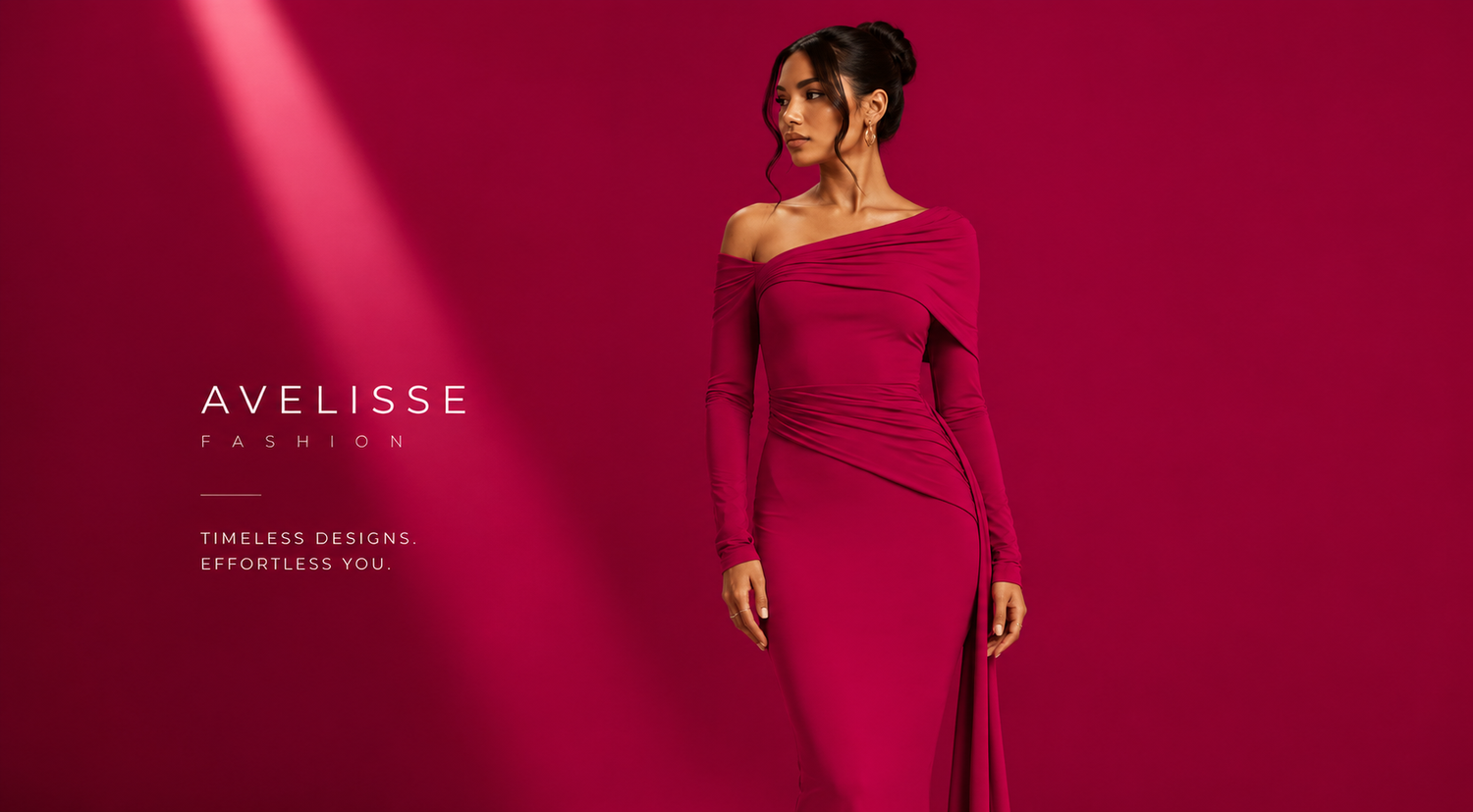Woman wearing a red one-shoulder dress against a pink background with 'Avelisse Fashion' branding.
