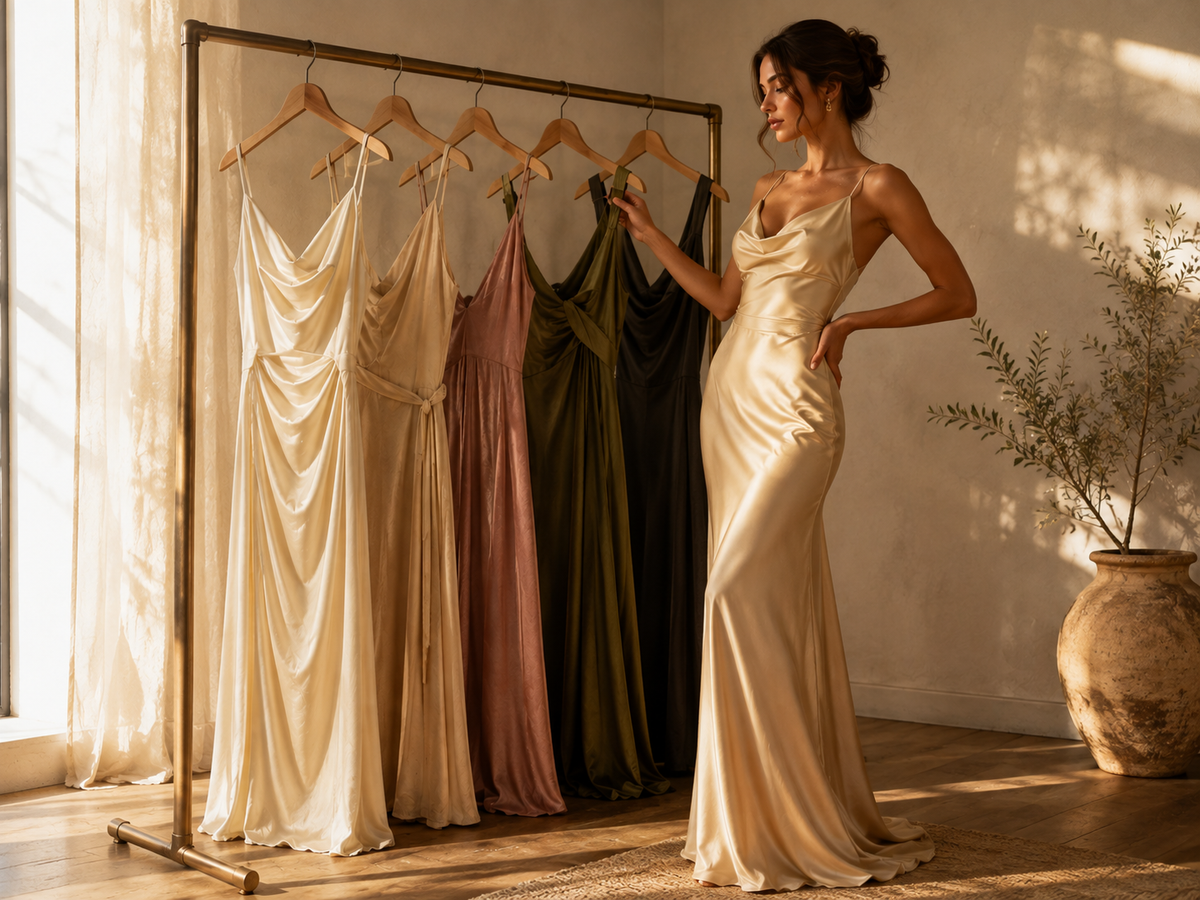 A woman stands beside a clothing rack wearing a champagne satin evening gown, while other satin gowns in cream, blush pink, olive green, and black hang on wooden hangers against a warm, sunlit room with a large vase of branches.