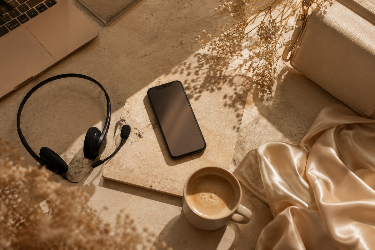 A styled flat-lay scene with a black smartphone on a beige stone slab, black over-ear headphones nearby, a cup of coffee, draped champagne silk fabric, dried flowers, and part of a laptop in warm sunlight.