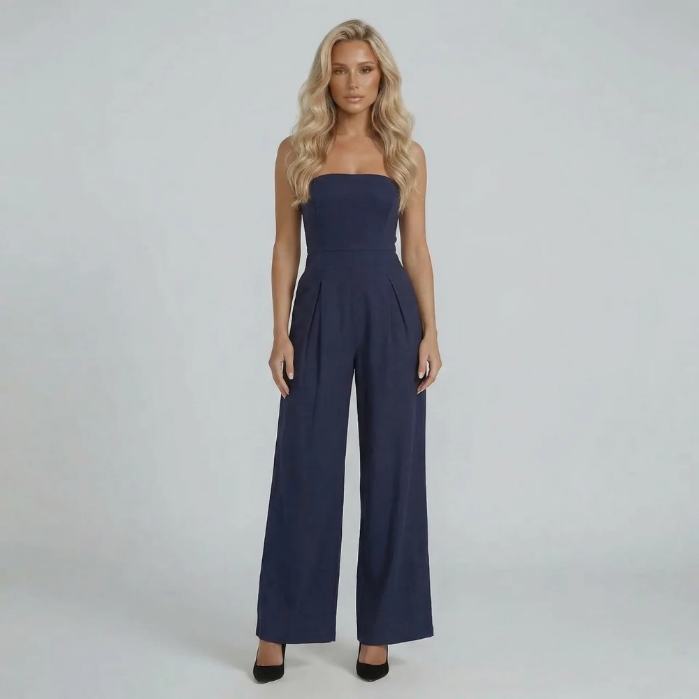 Women's bandeau pleated wide leg jumpsuit in navy, front view