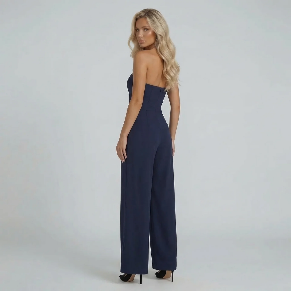 Women's bandeau pleated wide leg jumpsuit in navy, back view