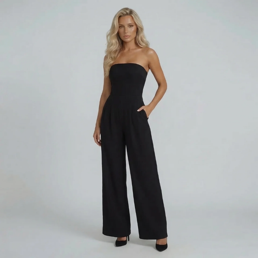 Women's bandeau pleated wide leg jumpsuit in black, front view