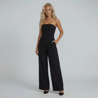 Women's bandeau pleated wide leg jumpsuit in black, front view