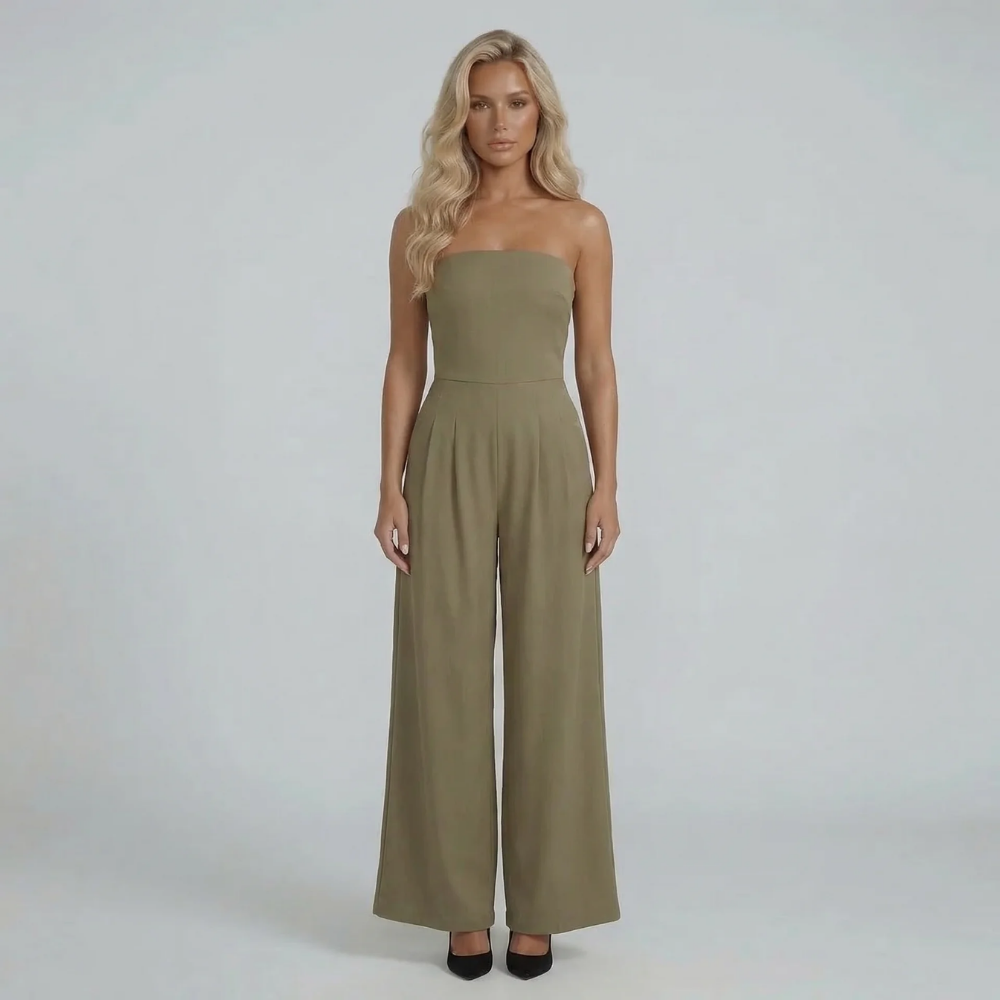 Women's bandeau pleated wide leg jumpsuit in beige, front view