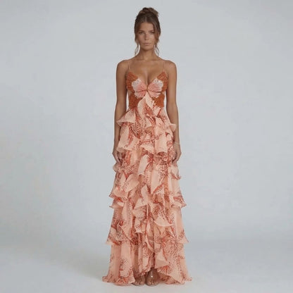 Women's beaded butterfly tiered maxi dress in peach, front view