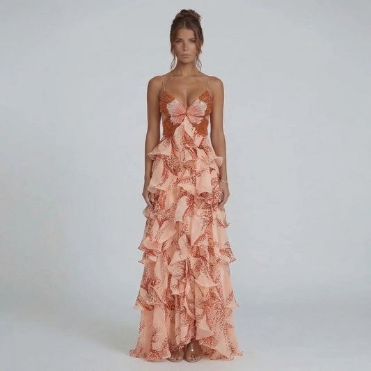 Women's beaded butterfly tiered maxi dress in peach, front view