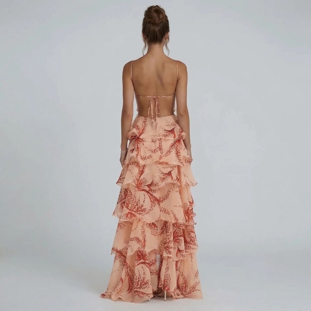 Women's beaded butterfly tiered maxi dress in peach, open back view