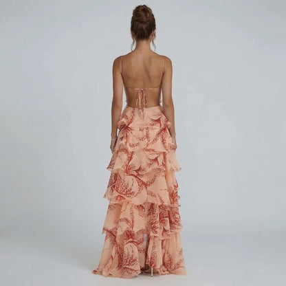 Women's beaded butterfly tiered maxi dress in peach, open back view