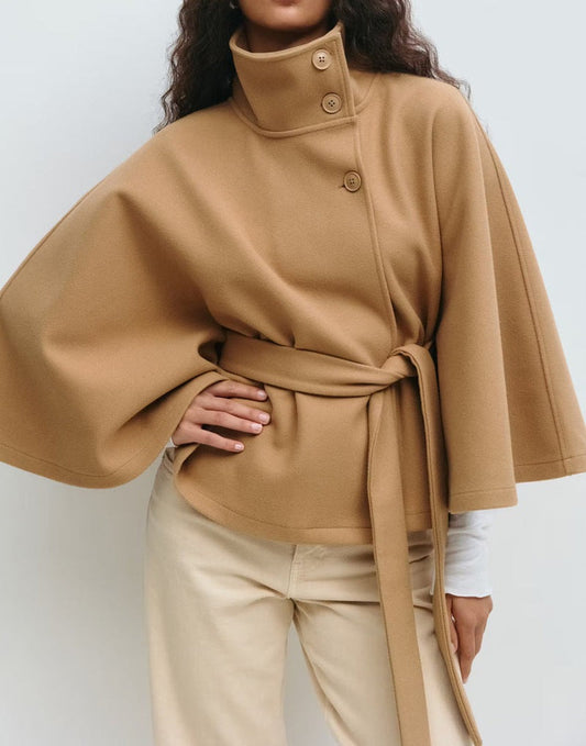 Women's belted layering coat in green, front view