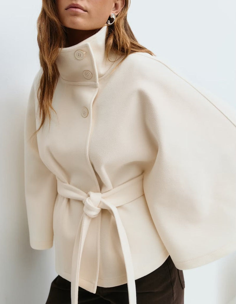 Women's belted layering coat in white, front view