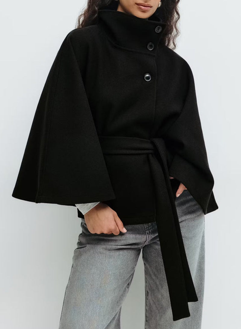 Women's belted layering coat in black, front view