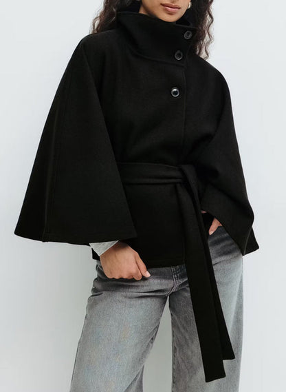 Women's belted layering coat in black, front view