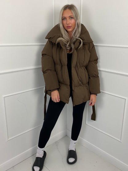 Women's belted puffer jacket, belted waist detail