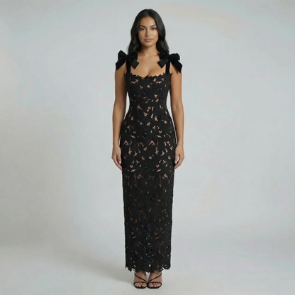 Women's bow floral lace sweetheart maxi dress in black, front view