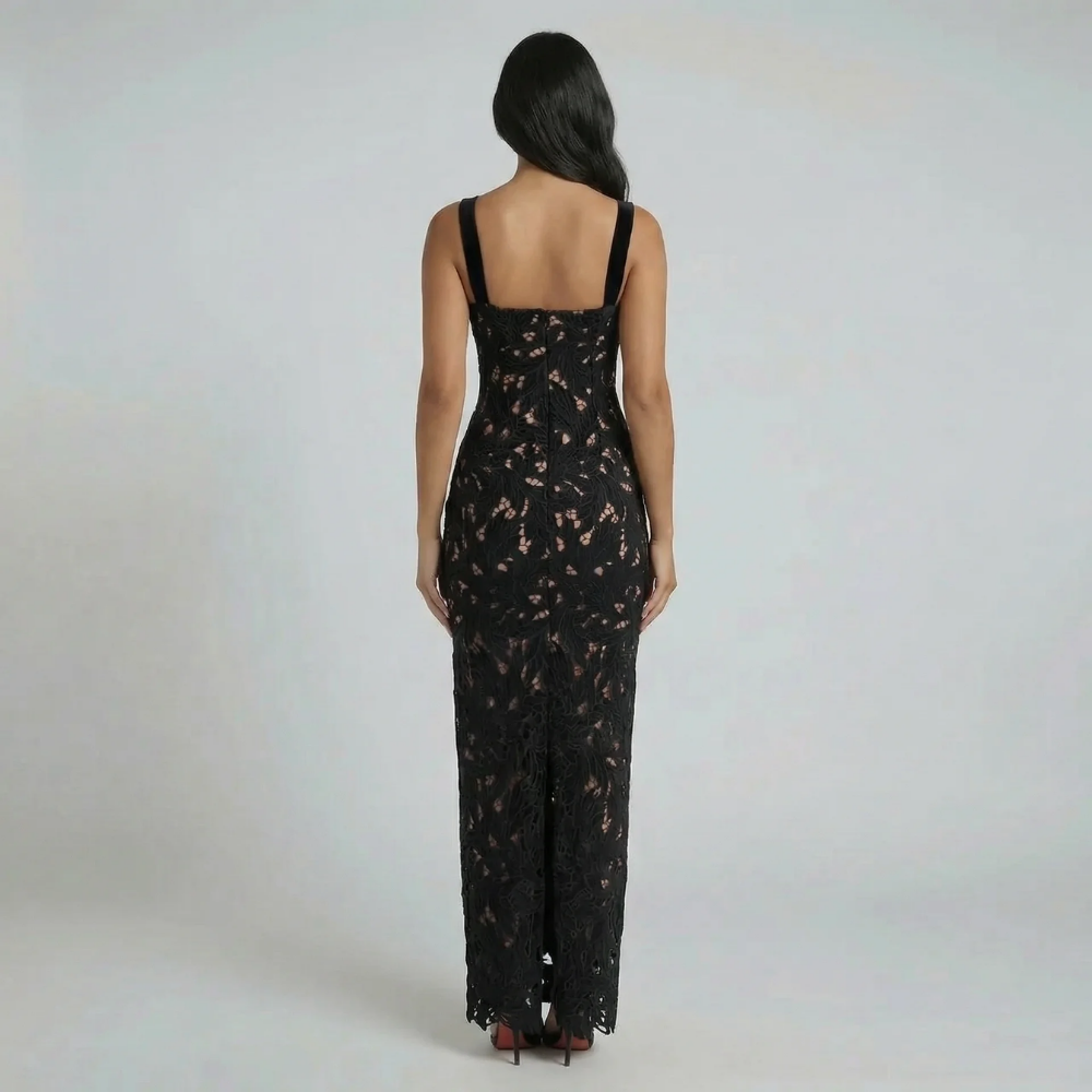 Women's bow floral lace sweetheart maxi dress in black, back view
