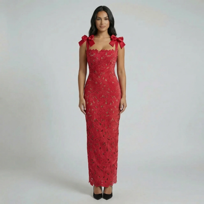 Women's bow floral lace sweetheart maxi dress in red, front view