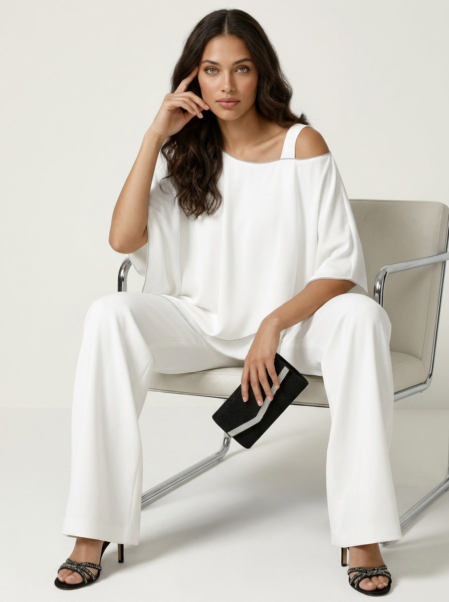 Women's chiffon two piece co-ord set in white, front view
