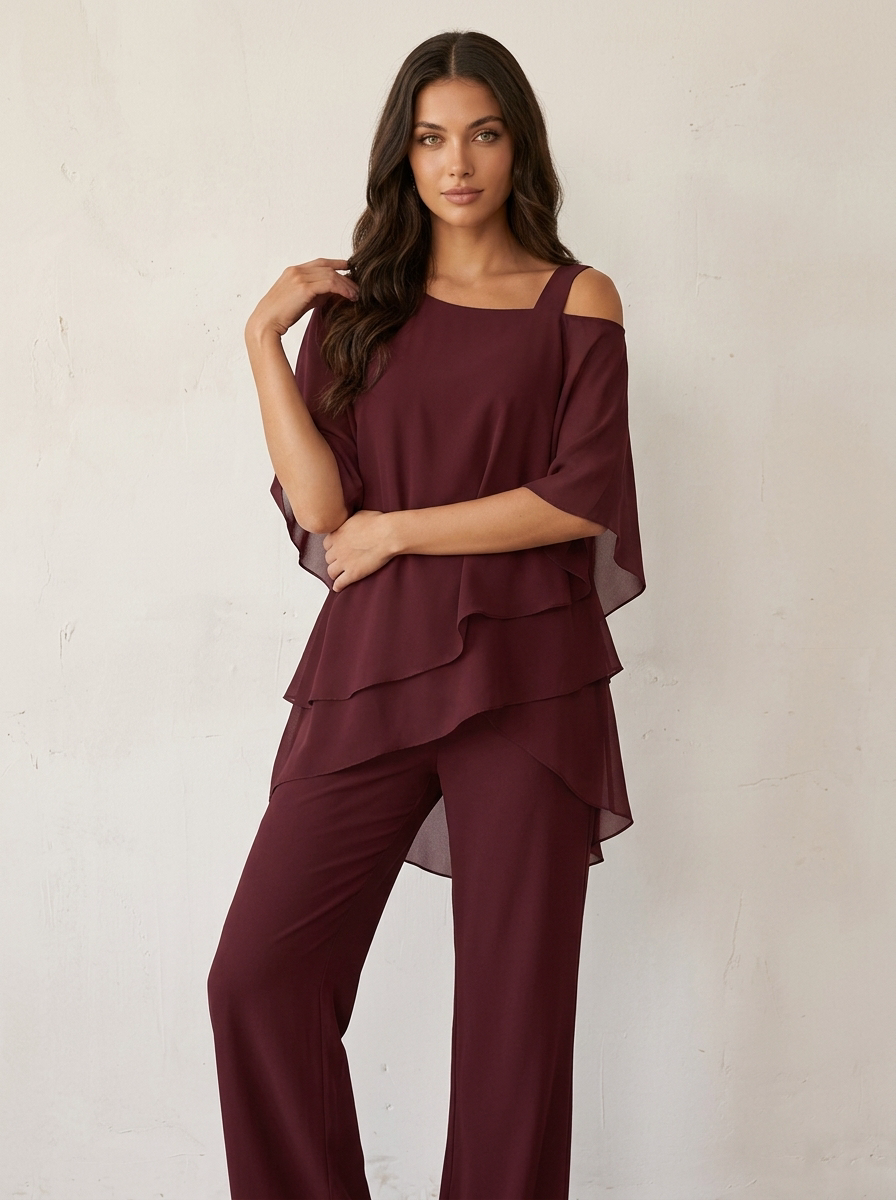 Women's chiffon two piece co-ord set in red, front view