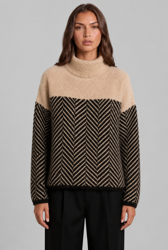 Women's colorblock chevron high neck jumper, front view