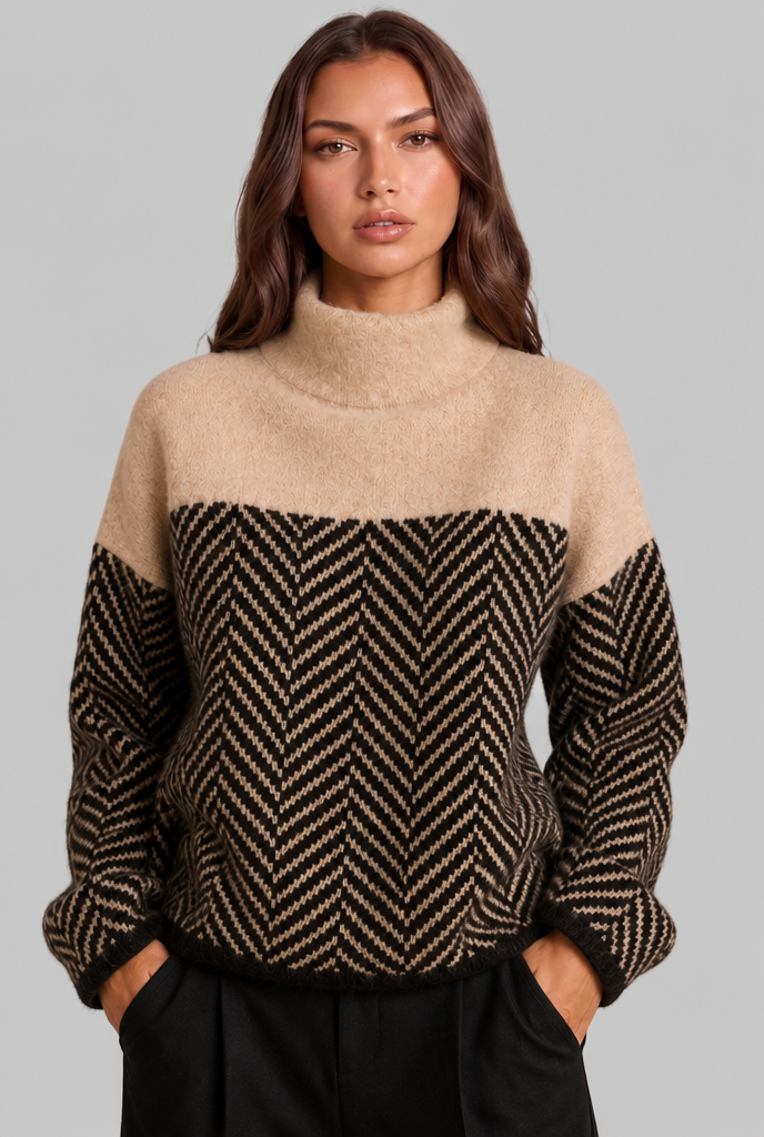 Women's colorblock chevron high neck jumper, back view