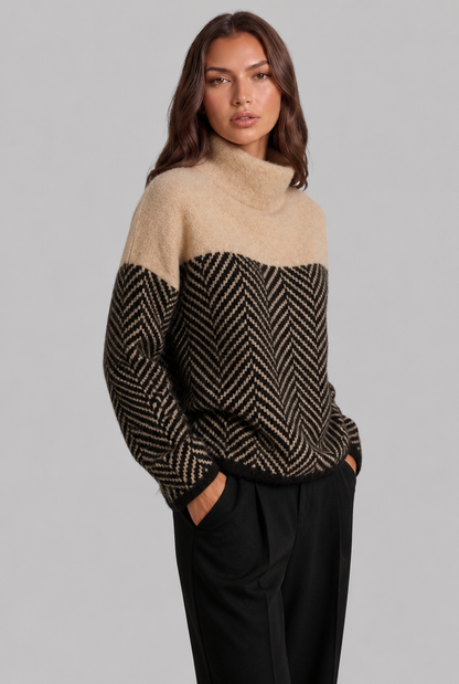 Women's colorblock chevron high neck jumper, styled view