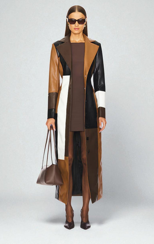 Women's colourblock notched lapel button coat, front view