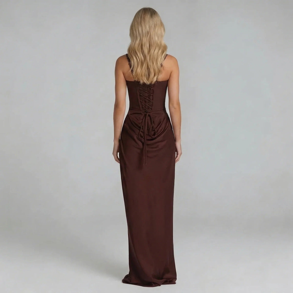 Women's corset lace up back maxi dress in brown, back view with lace up detail