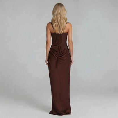 Women's corset lace up back maxi dress in brown, back view with lace up detail