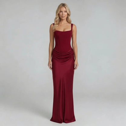 Women's corset lace up back maxi dress in burgundy, front view