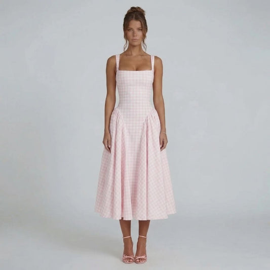 Women's corset square neck gingham midi dress in pink, front view
