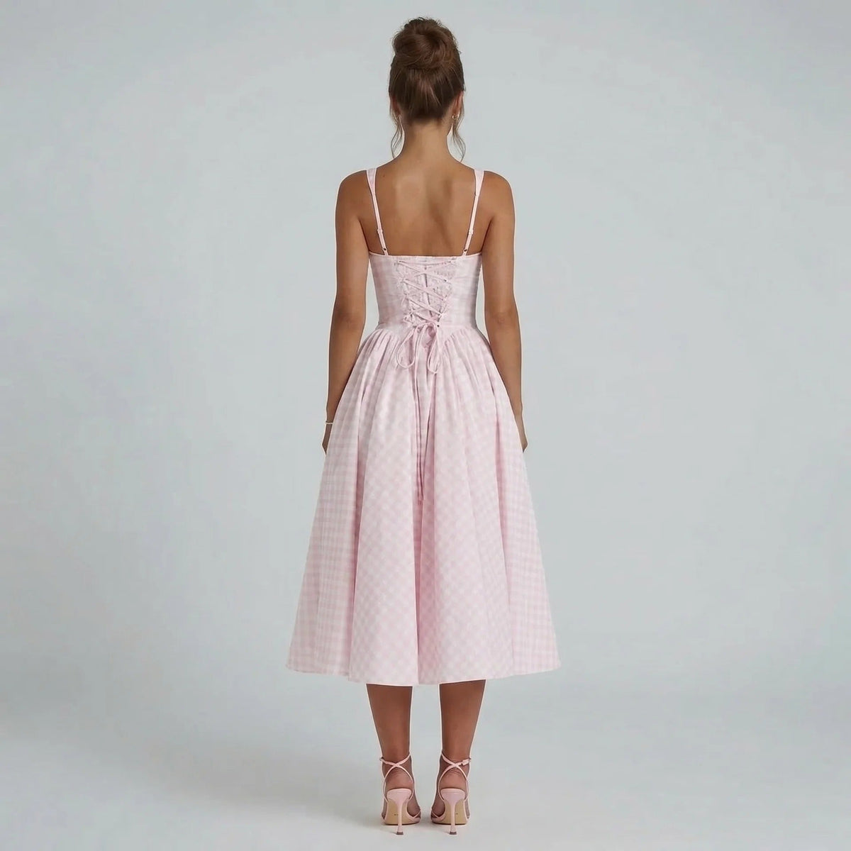 Women's corset square neck gingham midi dress in pink, lace-up back detail