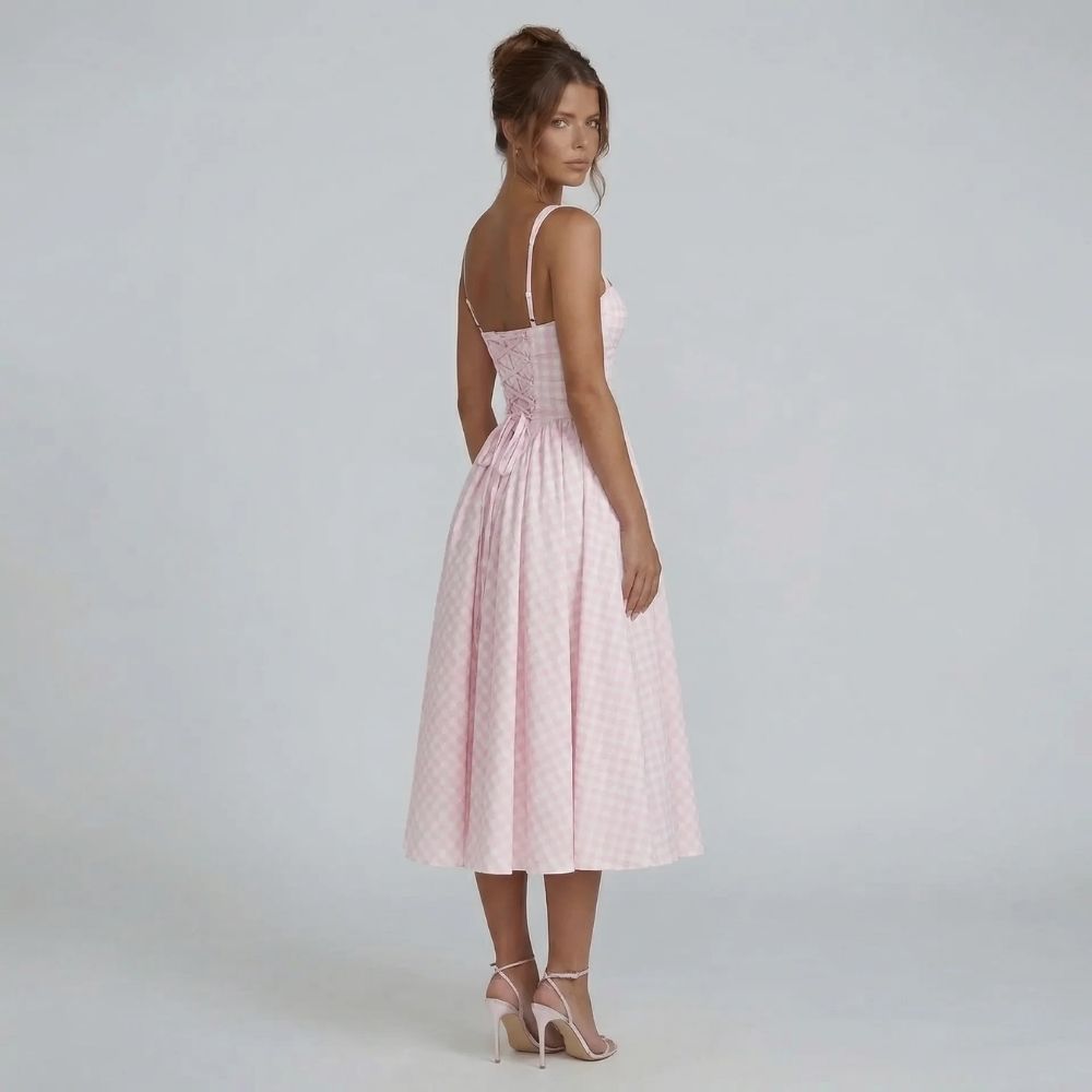 Women's corset square neck gingham midi dress in pink, side angle view