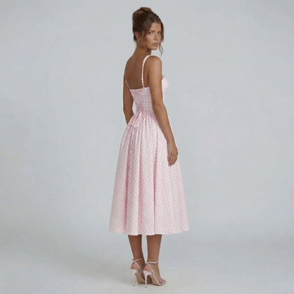 Women's corset square neck gingham midi dress in pink, side angle view