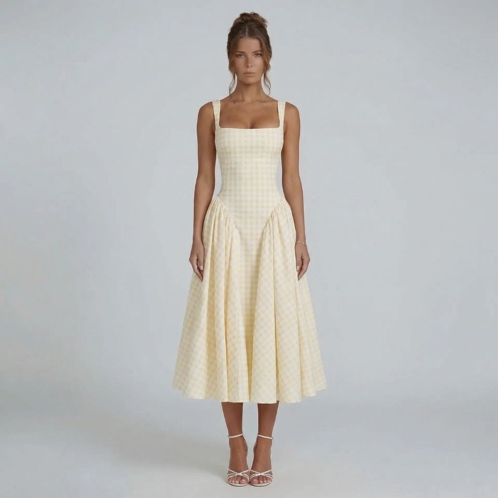 Women's corset square neck gingham midi dress in yellow, front view