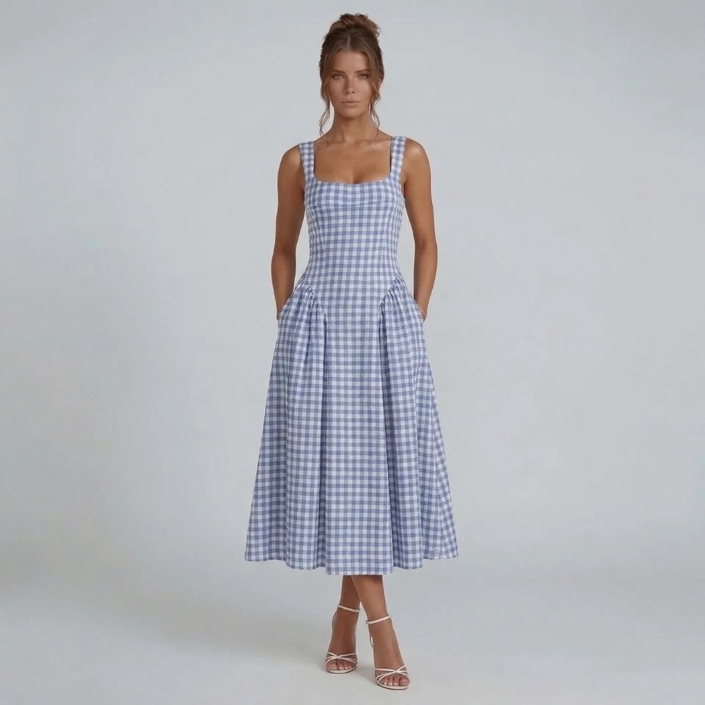 Women's corset square neck gingham midi dress in blue, front view
