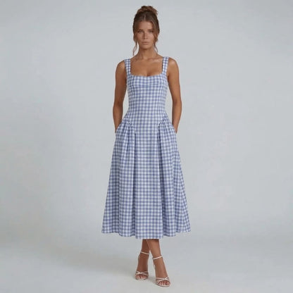 Women's corset square neck gingham midi dress in blue, front view
