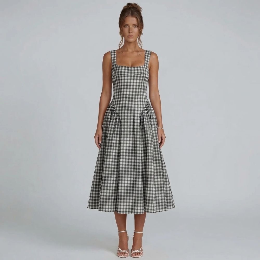 Women's corset square neck gingham midi dress in black, front view