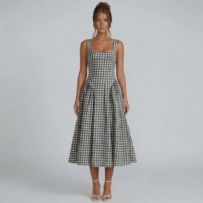 Women's corset square neck gingham midi dress in black, front view