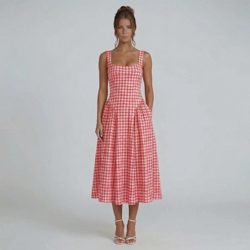 Women's corset square neck gingham midi dress in red, front view